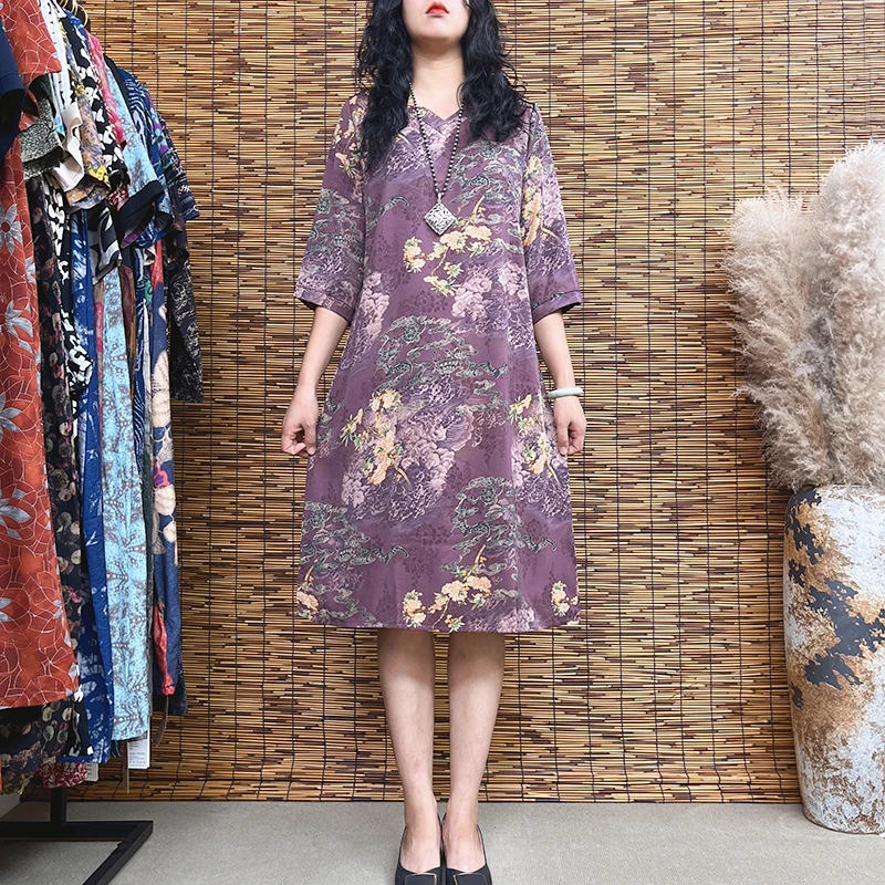 1790#夏季妈妈装气质中老年女装复古中国风山水印花大码连衣裙