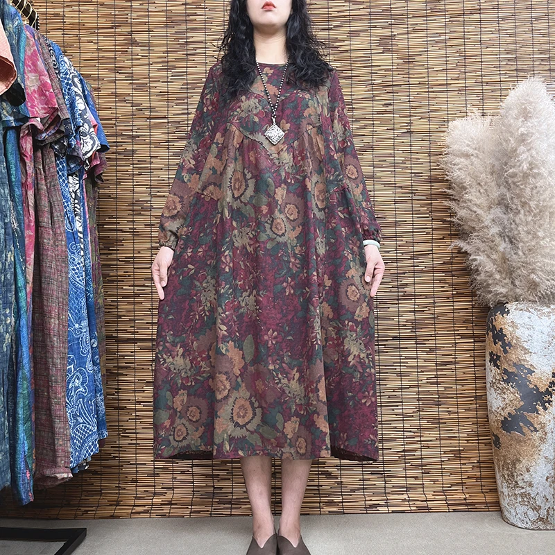 9898#秋冬季新款妈妈装文艺复古民族风大裙摆印花宽松大码连衣裙