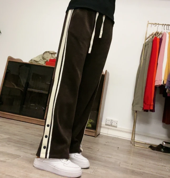 【花仙仙】2777# 加厚雪尼尔开衩排扣休闲直筒裤