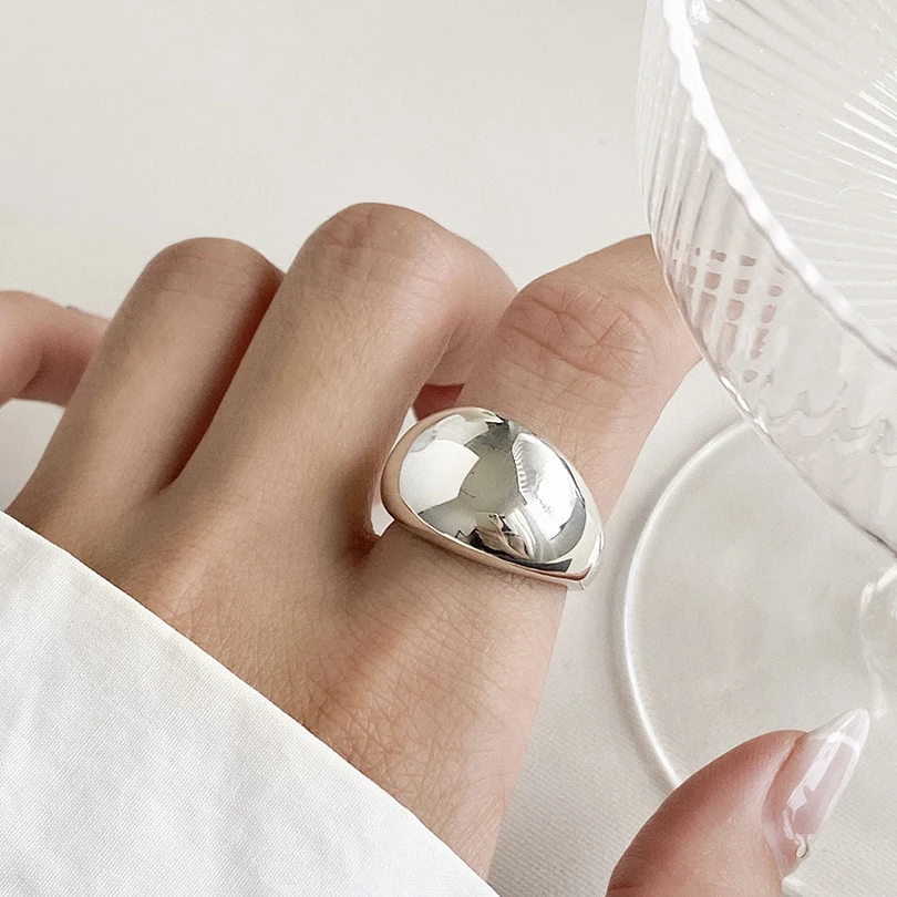 925银戒指 时尚简约气质宽面百搭质感大光面圆弧s925银开口戒指