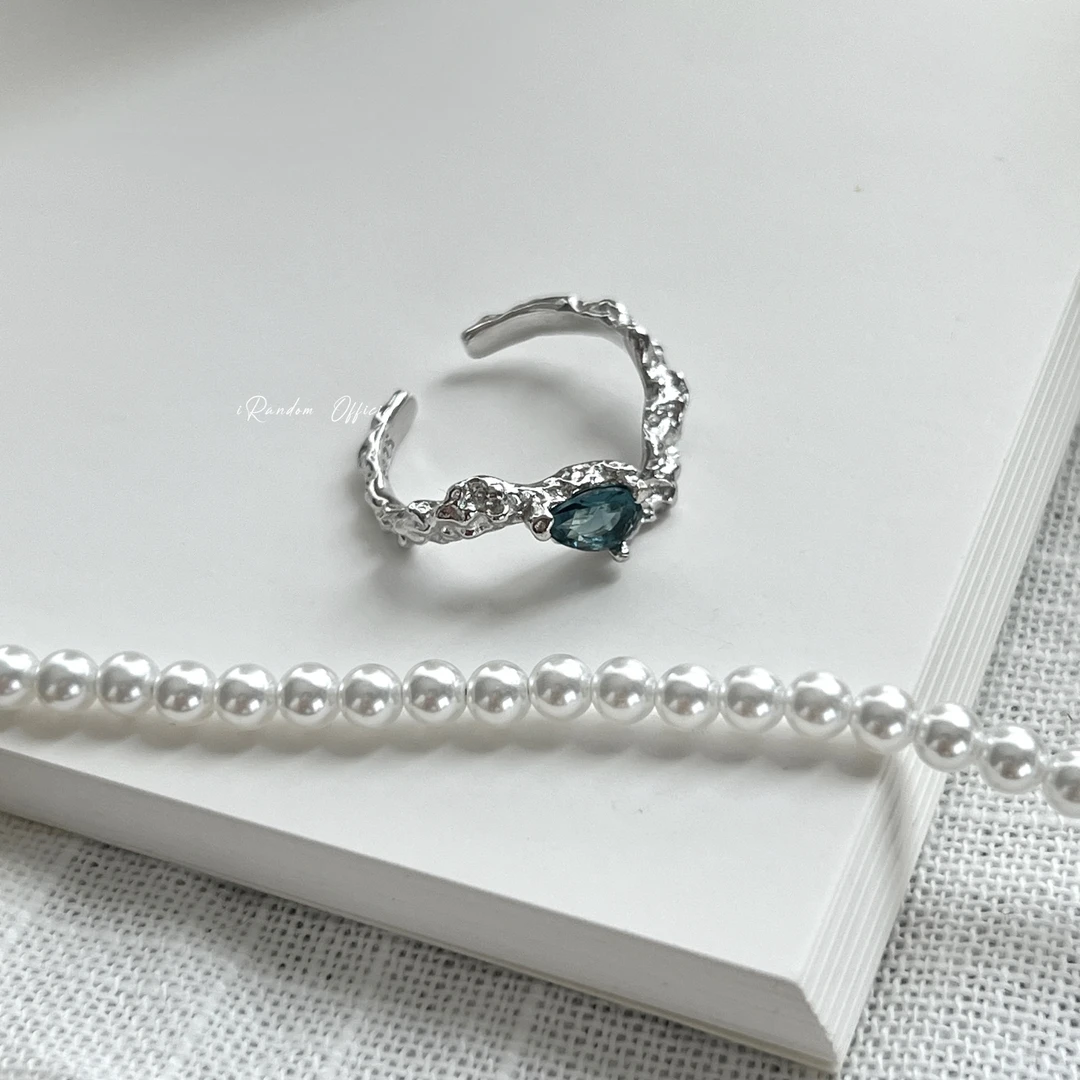 925银合成锆石戒指 不规则纹理熔岩感蓝锆波浪形s925银开口戒指