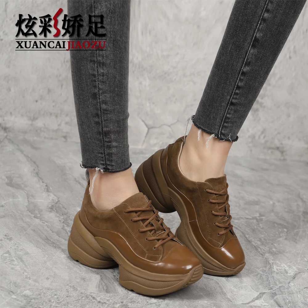 女鞋2025新款春秋单鞋真皮粗高跟增高厚底小个子休闲英伦风小皮鞋