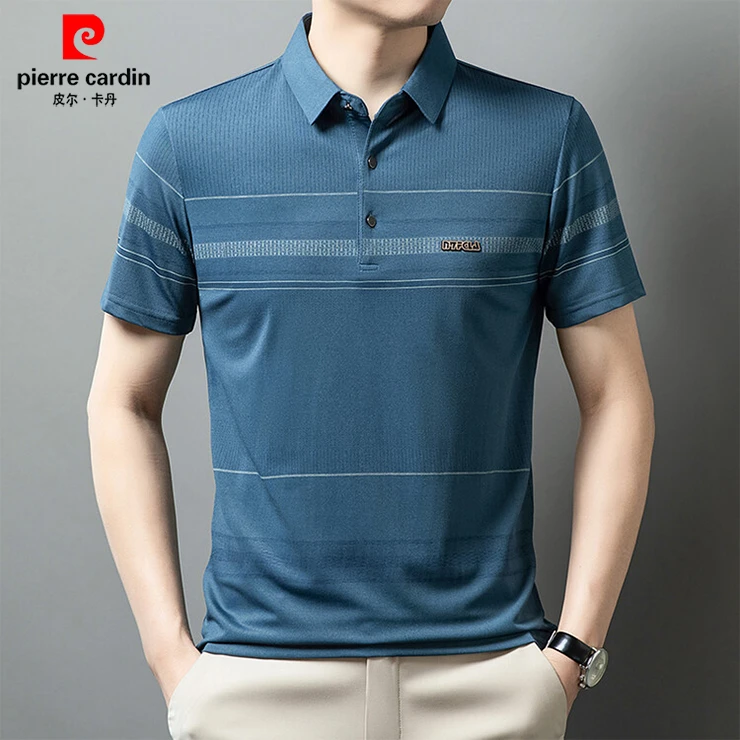 皮尔卡丹男士夏季商务翻领T恤时尚休闲桑蚕丝条纹高档POLO衫薄款
