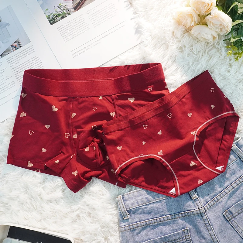 新款2条装情侣内裤红色结婚本命年一男一女纯棉性感夫妻内衣套装