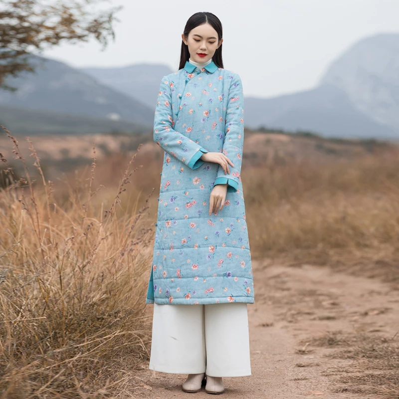 QF20201024 民族中国风唐装加厚棉衣女长款冬装复古盘外套棉服
