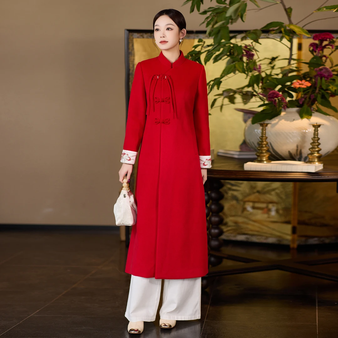 G090 中国风改良旗袍女秋冬外套中式呢子大衣复古唐装禅意茶服