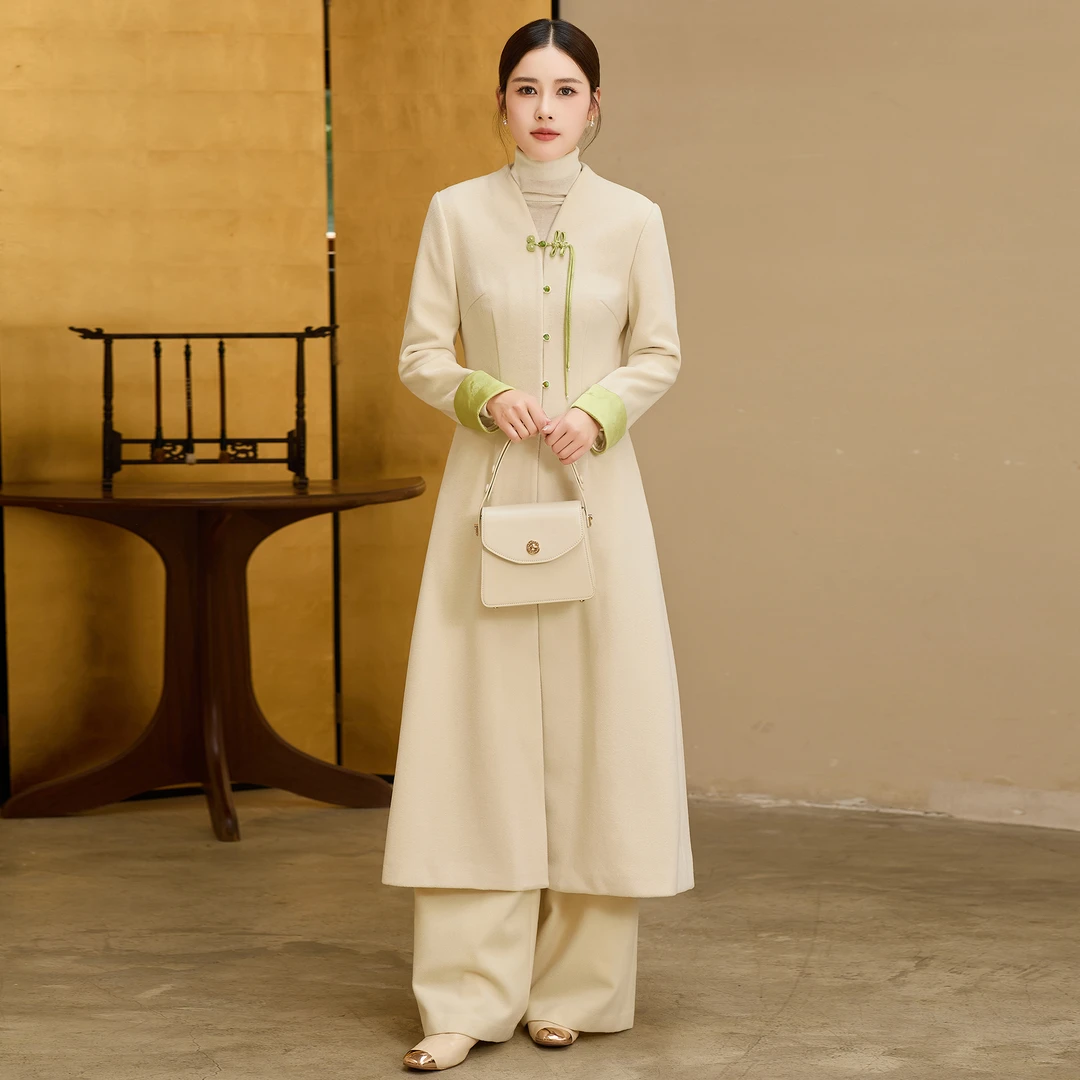 G024毛呢国风大衣女外套秋冬长款高级感2025新款加厚呢子气质上衣