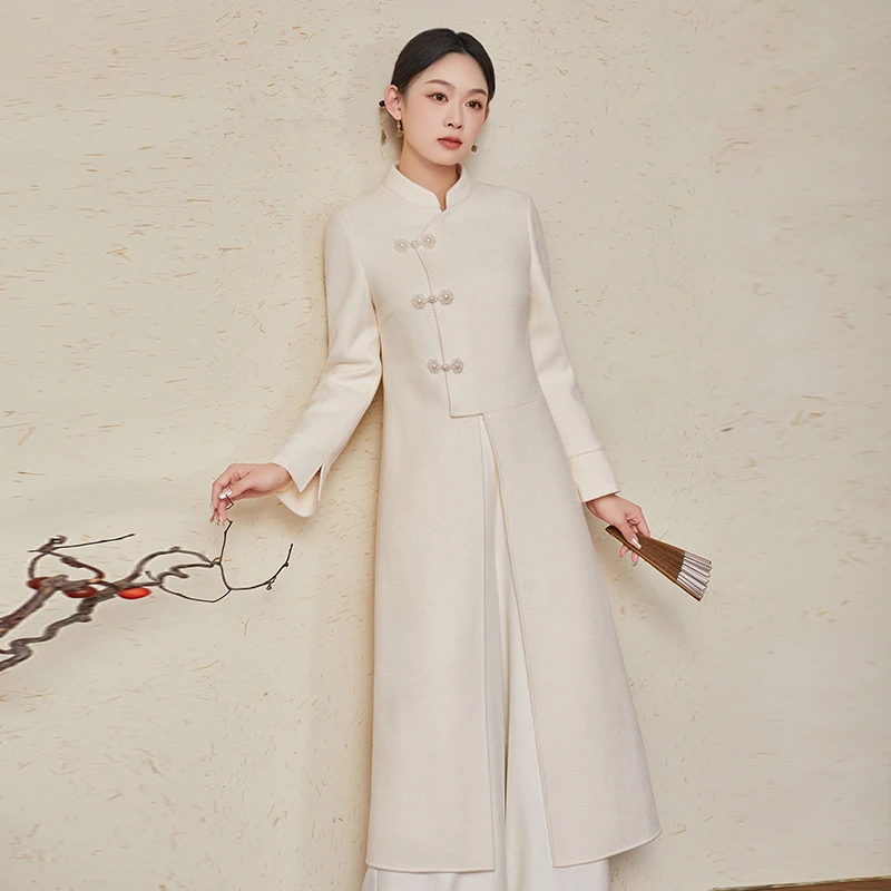 中国风气质长袖白色修身复古中式秋冬女士长款外套【F219】