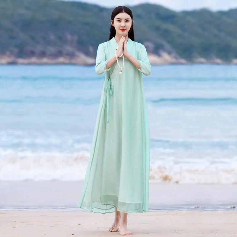 QF20200426 中式文艺复古女装禅意茶服仙气长裙