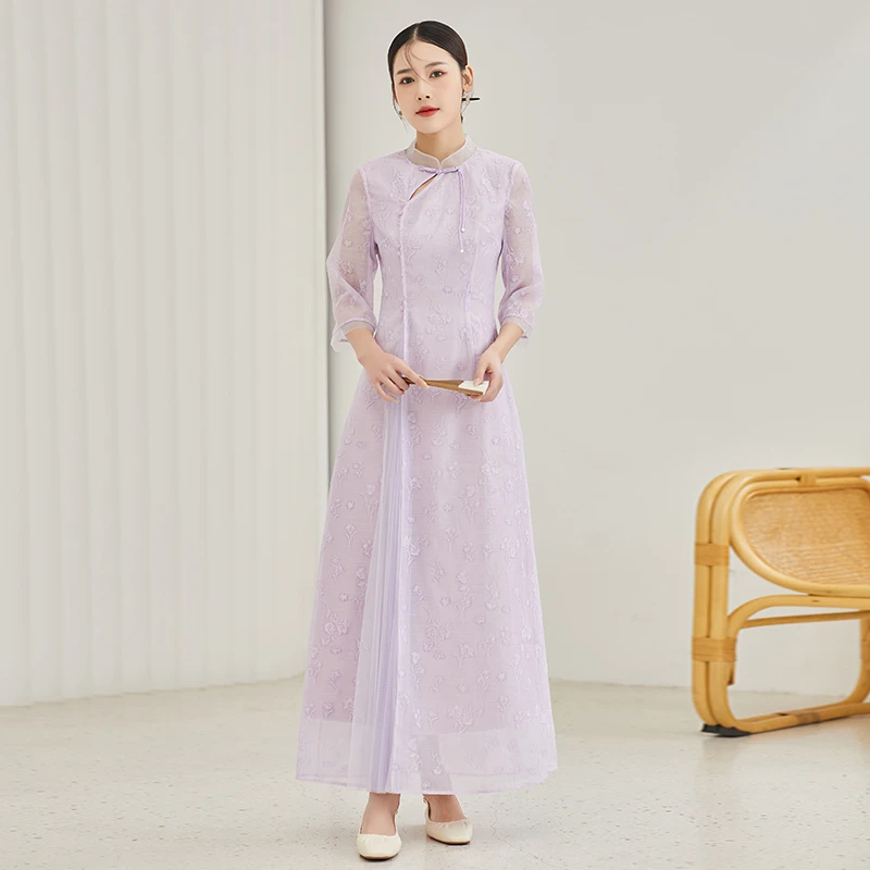 新中式气质中国风夏季优雅提花禅意日常紫色连衣裙【F521】