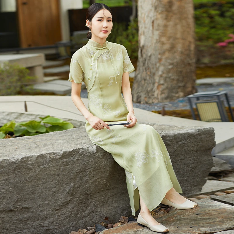 复古文艺夏季新中式中国风气质优雅提花日常绿色连衣裙【F865】