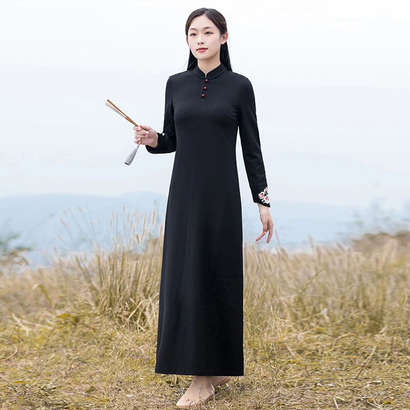 D457中式复古针织打底裙修身内搭长裙女