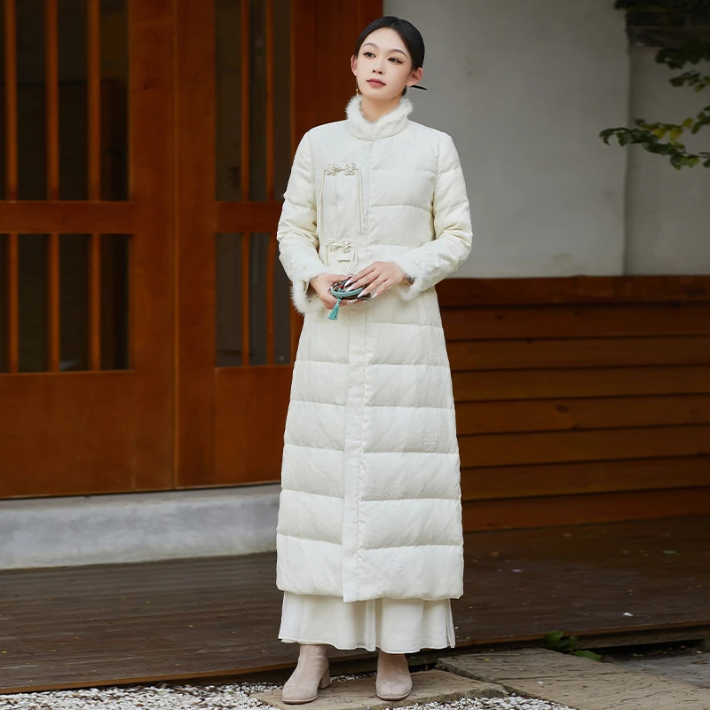 【F270】冬季过膝中国风修身白鸭绒白色植绒提花羽绒服