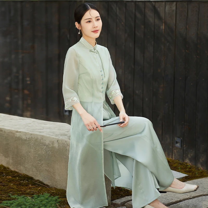 夏季文艺中式古风禅意复古刺绣中国风竹叶青套装【F727】