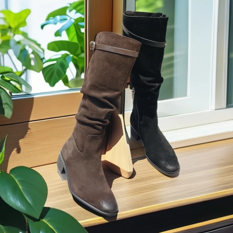 长筒褶皱堆堆靴24年秋季新款皮带扣粗跟显瘦不过膝靴子[美罗巴]