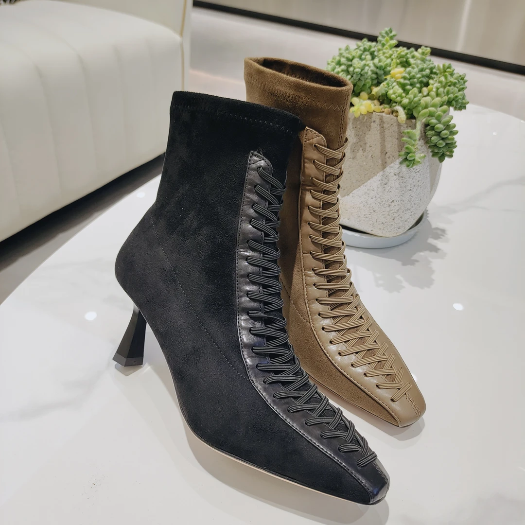 欧美风时尚方头细跟交叉带绒面时装靴秋冬气质短靴瘦瘦靴[美罗巴]