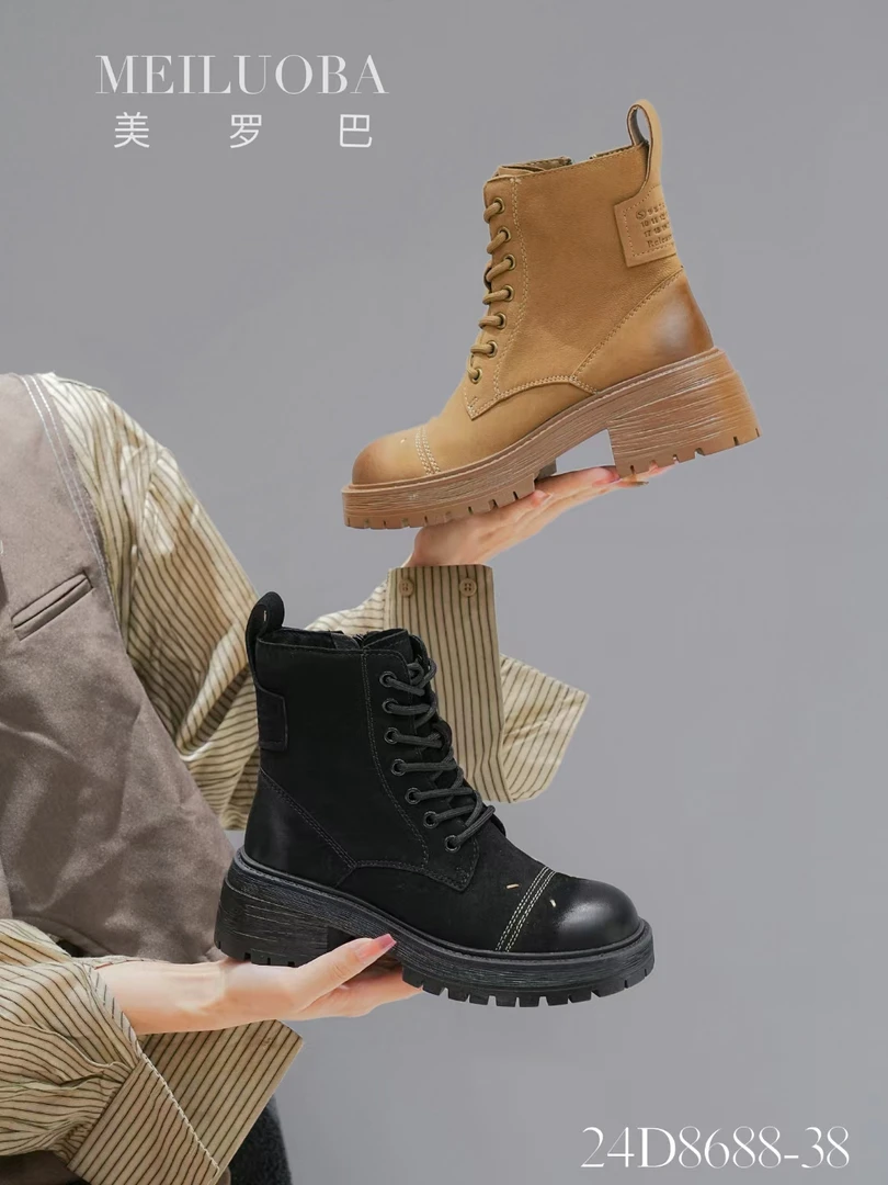 2024年秋冬新款厚底松糕底系带磨砂皮短靴[美罗巴]