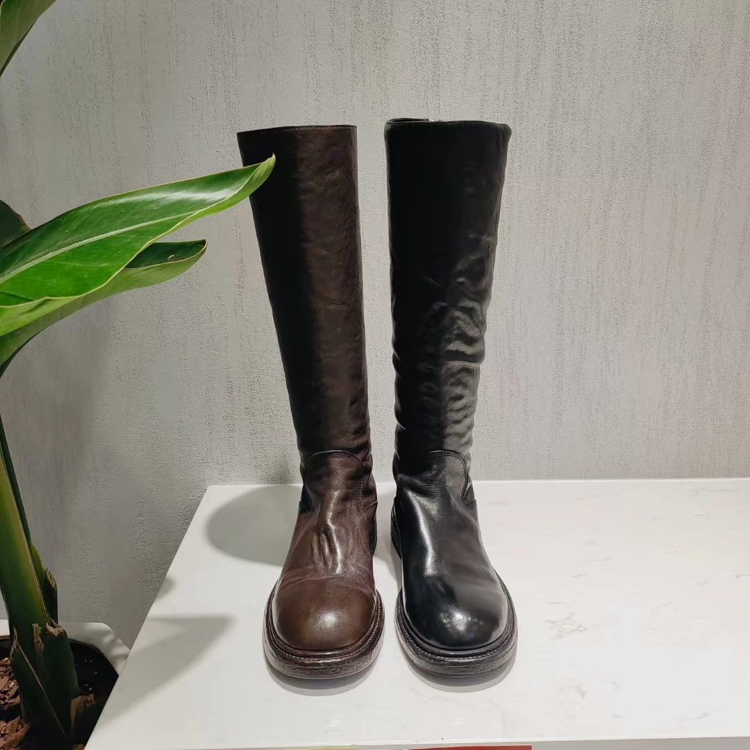复古羊皮长筒靴女圆头后拉链粗跟高筒不过膝骑士靴[美罗巴]