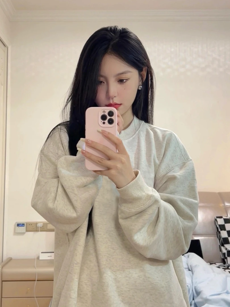 山东即墨卫衣女款早秋2024新款小个子花灰色上衣宽松显瘦休闲外套