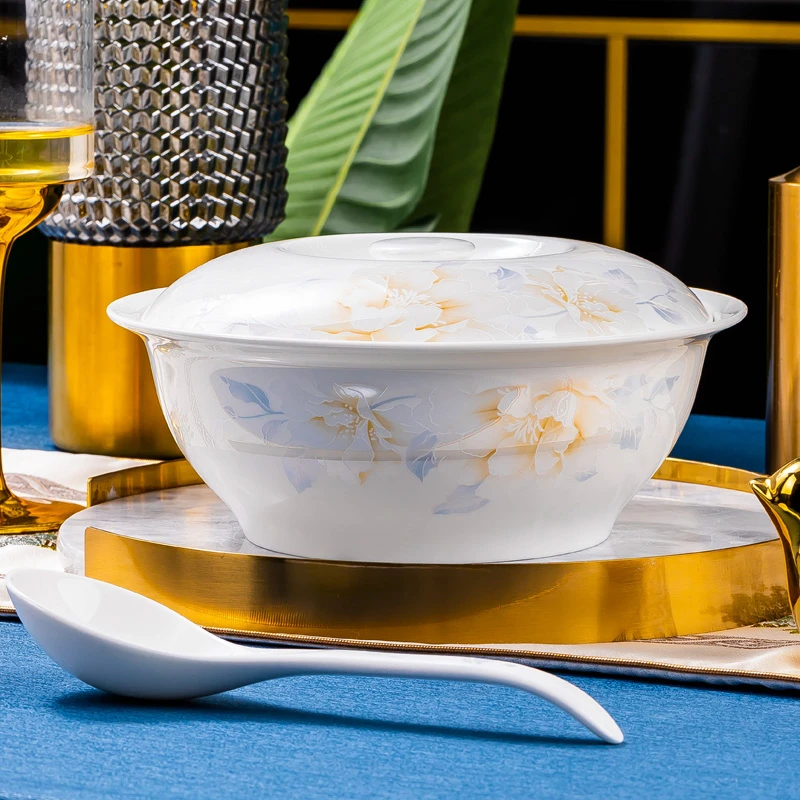 清颜芙蓉陶瓷碗家用大号装汤盛汤碗带盖品锅1个送同款大汤勺1个