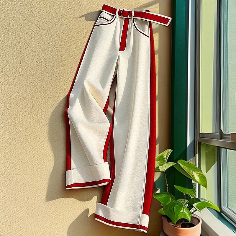 2024冬季新款小个子独特别致高级感高腰显瘦白色撞色拼接阔腿裤女
