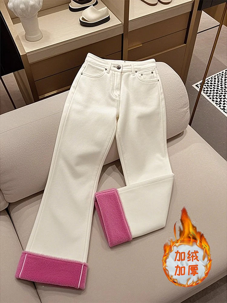 2024年冬季新款垂感裤子众梨形身材加绒加厚白色休闲阔腿牛仔裤女