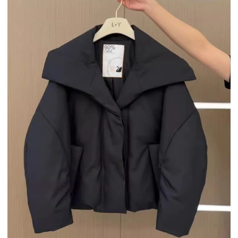 独特超好看黑色短款棉服女冬季2024年新款大领子设计面包服厚外套