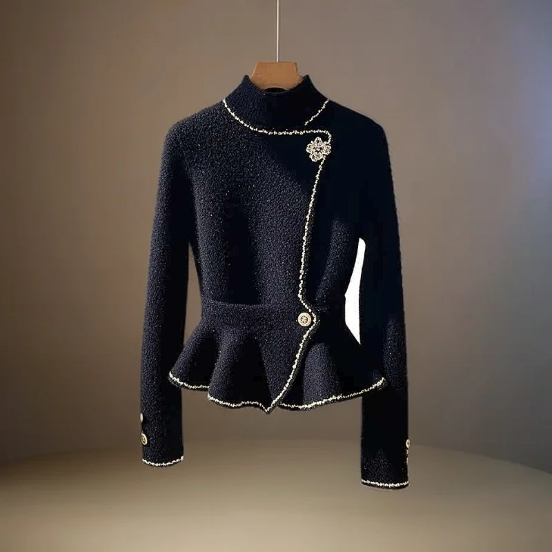 秋冬法式高级感超好看洋气穿搭上衣独特别致修身黑色高领毛衣女