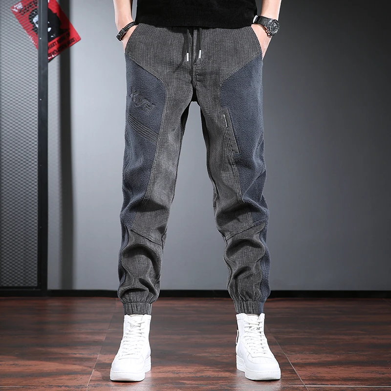 GTRT灰色休闲裤男秋冬款宽松小脚哈伦裤ins潮牌炸街加绒灯芯绒裤