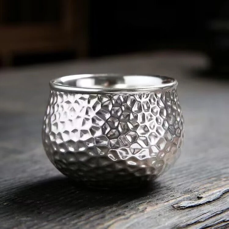 纯手工瓷包银茶杯999纯银内胆主人杯功夫茶杯镶银品茗杯陶瓷银杯