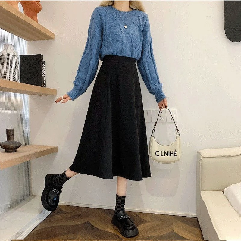 毛呢星空呢半身裙女秋冬新款中长款高腰小个子伞裙显瘦宽松大摆裙