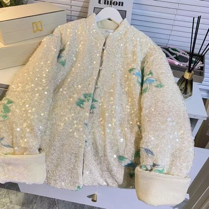 白玉兰夹棉国风重工立体珠片绣花布料上衣旗袍