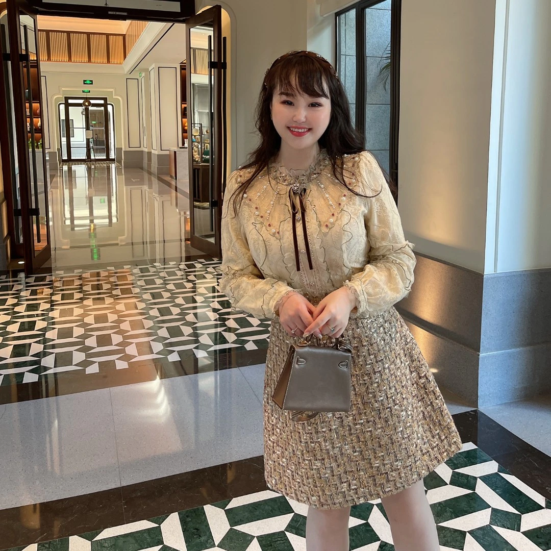 GLEC大码女装2025年初秋新款轻奢小香风重工钉珠刺绣设计感连衣裙