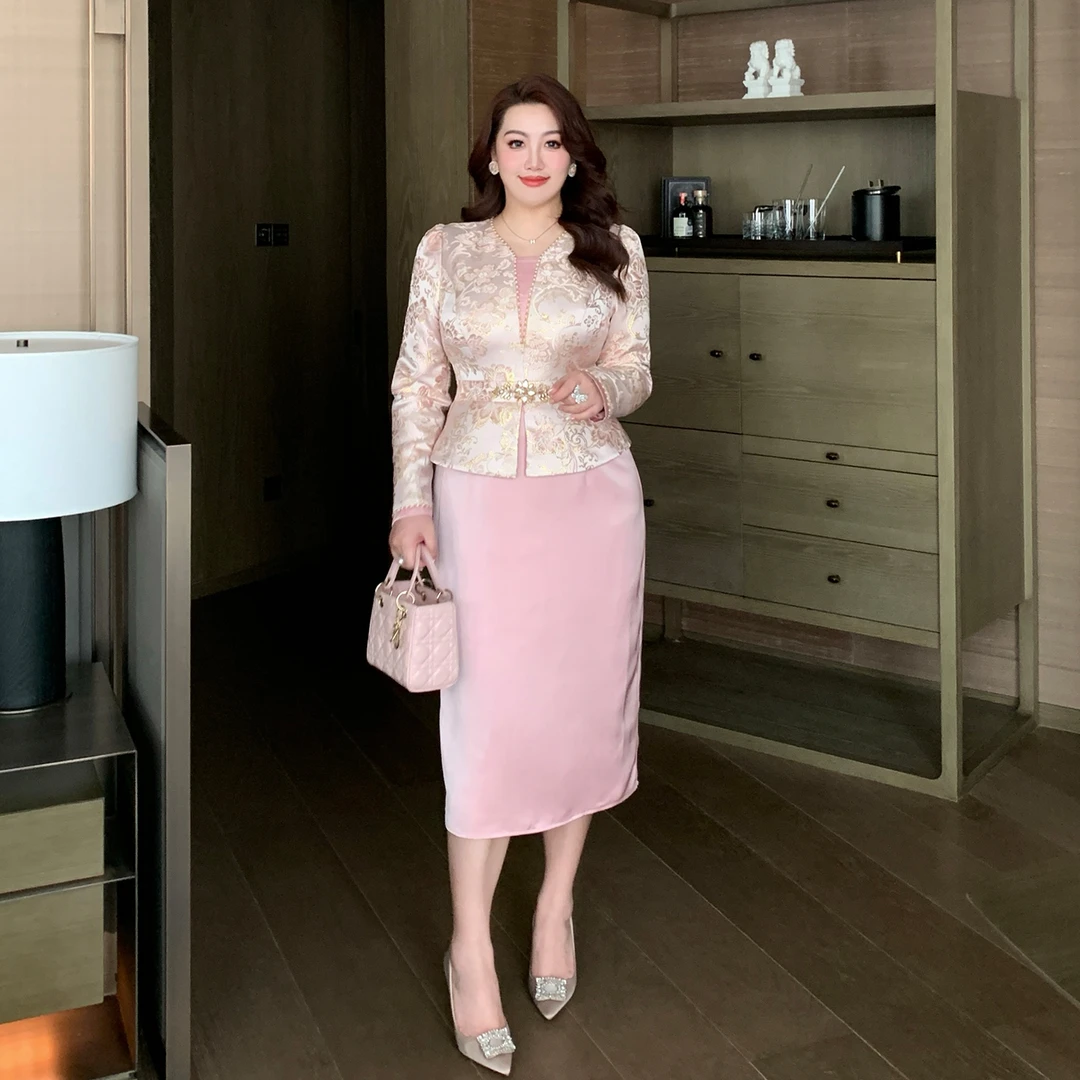 GLEC大码女装秋冬高端胖mm新中式重工钉珠设计感提花假两件连衣裙