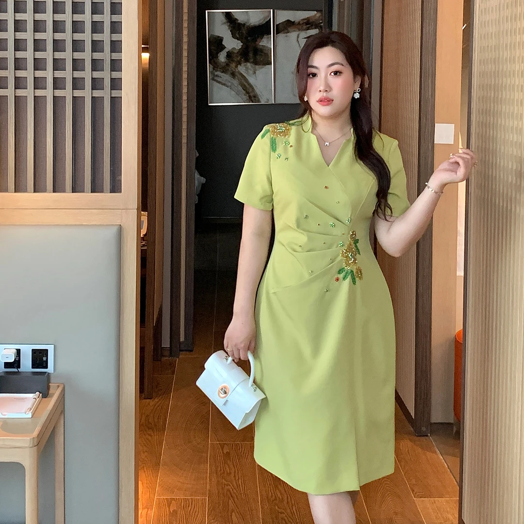 GLEC大码女装高端上档次2025夏季新款法式气质显瘦遮肉中长连衣裙