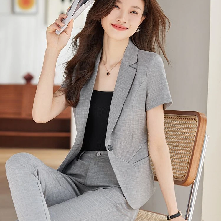 灰色小个子职业西服套装夏款修身女神范前台美容院珠宝店职业西装
