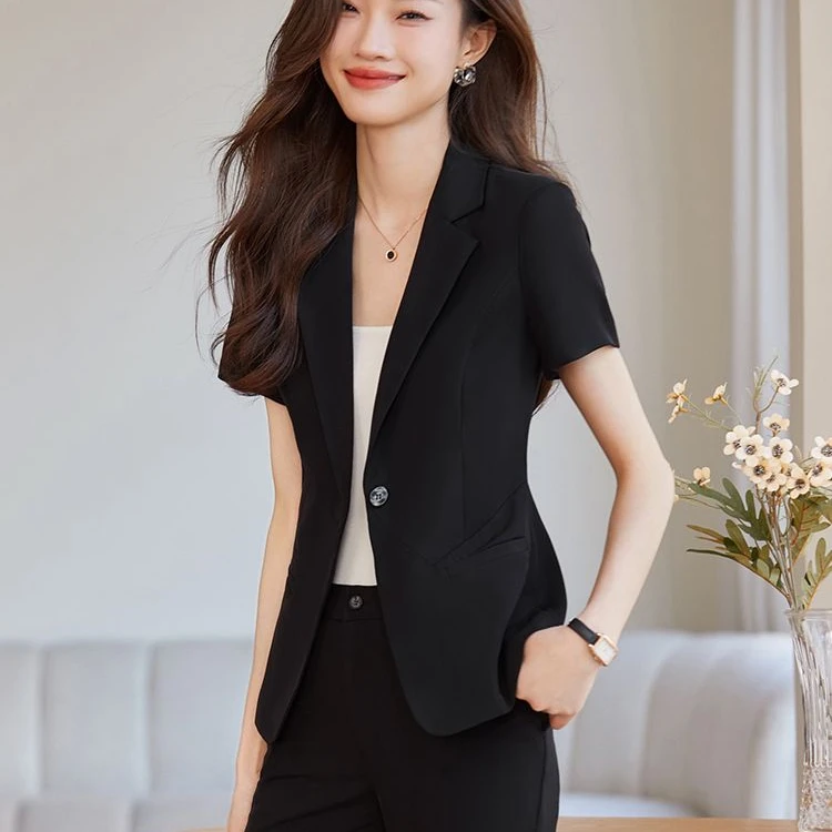 黑色小个子职业西服套装夏款修身女神范前台美容院珠宝店职业西装