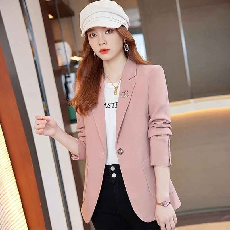 粉色西装外套女春秋2024新款韩版修身小个子时尚气质休闲西服上衣
