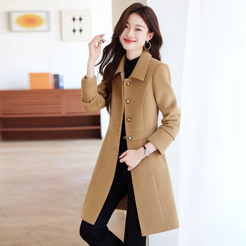 秋冬季职业装中长款毛呢大衣女加棉加厚呢子外套银行物业工作服女