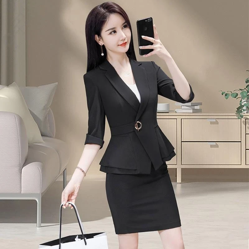 中袖西装套裙时尚气质职业装套装女美容师工作服酒店前台工装女款