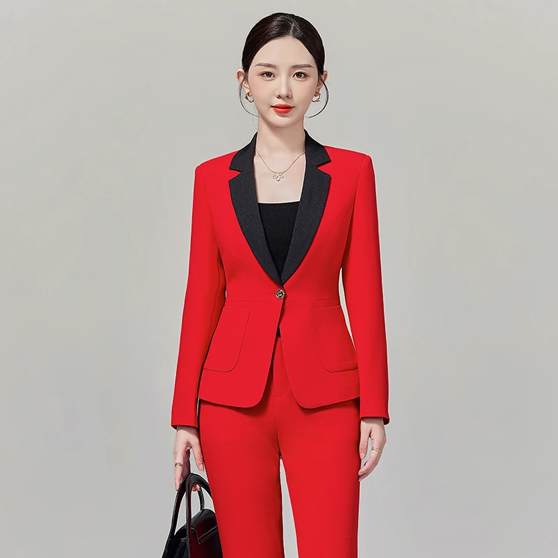 红色西装撞色拼接两件套2024新款礼服女宴会气质时尚总裁春秋西服