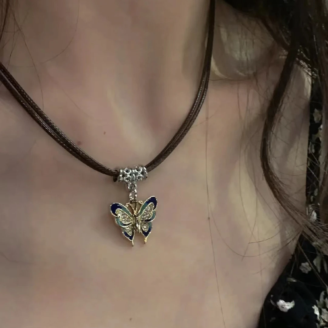 非金属皮质项链 复古蝴蝶吊坠项链皮绳子项圈项链潮酷百搭项链短