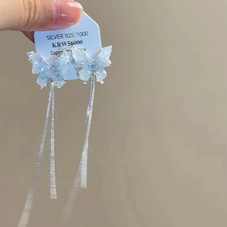 渐变蓝色碎石蝴蝶耳环适合圆脸显瘦后挂式耳钉耳坠流苏长款耳饰女