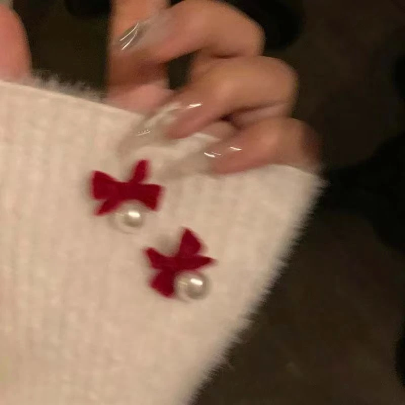 蝴蝶结丝绒红色耳钉耳夹2024新款耳环秋冬女小众耳饰气质