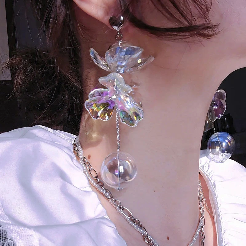 新款透明花朵超仙耳环水滴耳饰个性夸张新娘跟妆仙美饰品