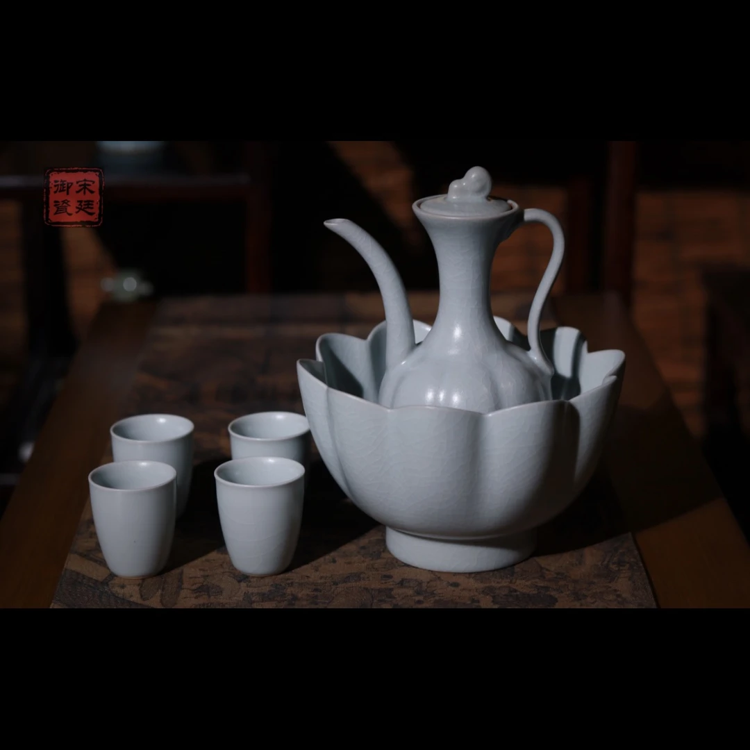 【宋廷御瓷·汝官窑】复烧月白釉执壶套装/17.8cm 汝州原产地
