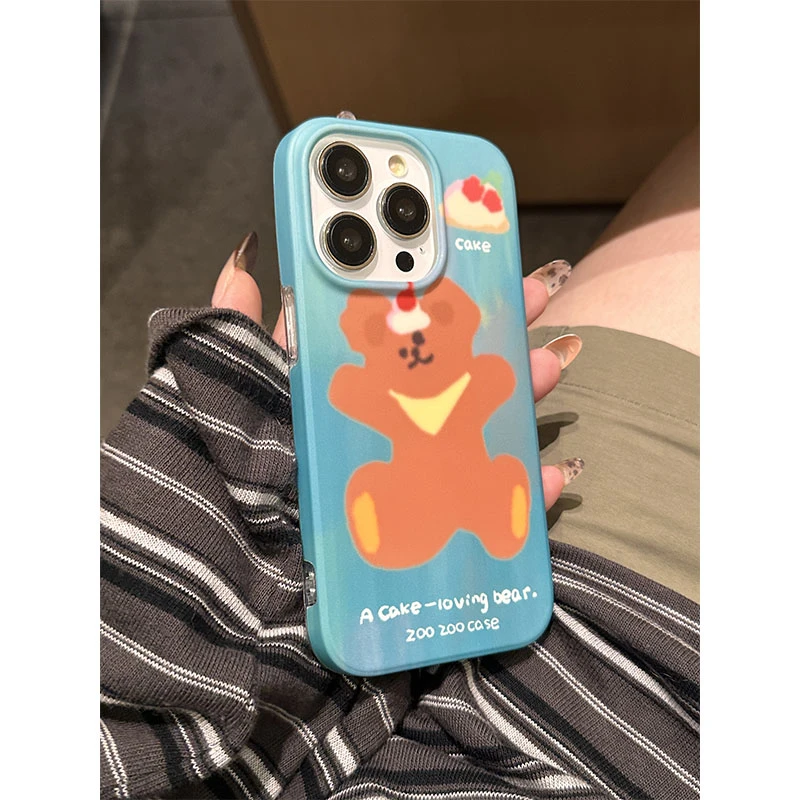 ins韩风可爱情侣卡通蛋糕熊磨砂手机壳适用苹果15/14/promax