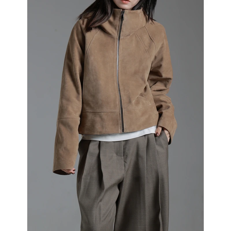 休闲连帽 进口混种羊小羊皮绒面皮衣女真皮外套短款夹克