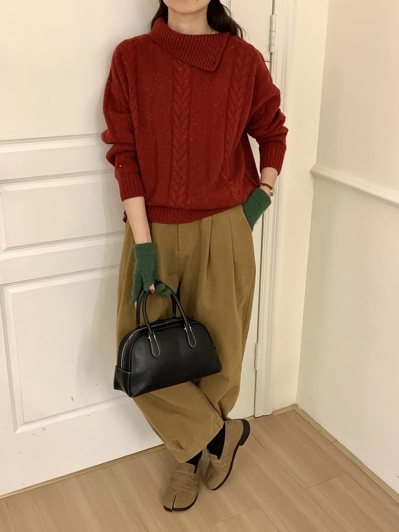 VillROSA 100%纯羊毛秋冬女款高领休闲宽松韩版加厚翻领针织衫