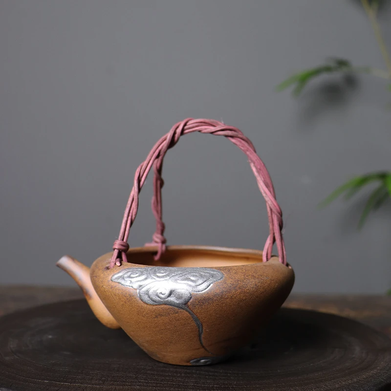 粗陶老岩泥鎏银祥云公道杯藤编提梁防烫泡茶壶分茶器简约公杯茶具